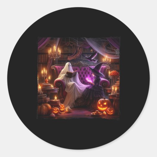ブックシ不気味ュ幽霊のよく出るハロウィーンヴィンテージ書店 ラウンドシール (正面)
