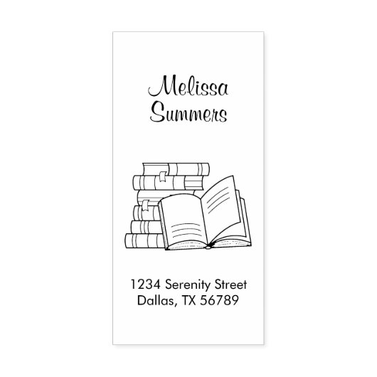 ブックスタックと開いているブックアドレスの蔵書票 ラバースタンプ (インプリント)