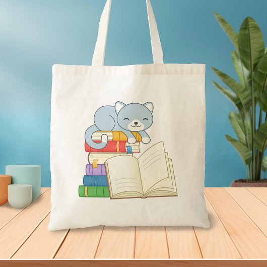 ブックスタックのかわいい猫 トートバッグ
