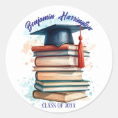 ブックスタック付き水彩卒業キャップ ラウンドシール (正面)