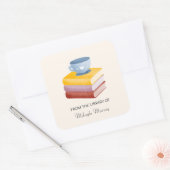 ブックスタック&コーヒーカップパーソナライズされた蔵書票 スクエアシール (封筒)