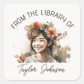 ブックステッカー、蔵書票カスタムダークヘアガール スクエアシール (正面)