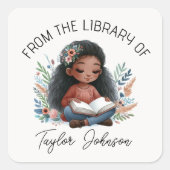 ブックステッカー、蔵書票カスタムダークヘアガール スクエアシール (正面)