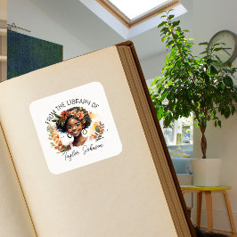 ブックステッカー、蔵書票カスタムダークヘアガール スクエアシール