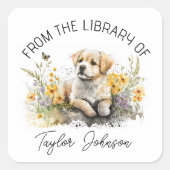 ブックステッカー、蔵書票フローラ犬の子犬 スクエアシール (正面)