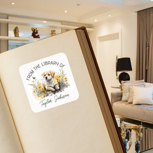 ブックステッカー、蔵書票フローラ犬の子犬 スクエアシール