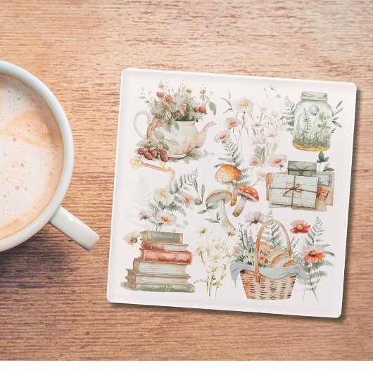 ブックスマッシュルームフローラお洒落コテージコア ガラスコースター