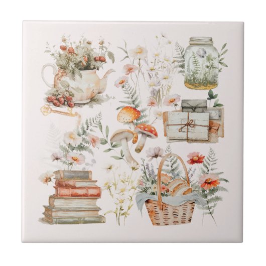 ブックスマッシュルームフローラお洒落コテージコア タイル (正面)