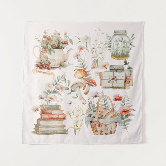 ブックスマッシュルームフローラお洒落コテージコア タペストリー (正面)