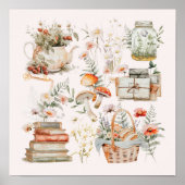 ブックスマッシュルームフローラお洒落コテージコア ポスター (正面)