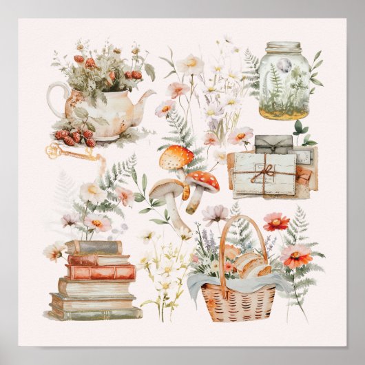 ブックスマッシュルームフローラお洒落コテージコア ポスター (正面)