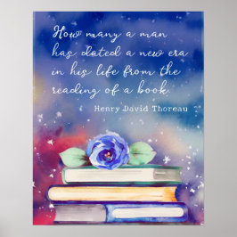 ブックス&ブルーフラワーウォーターカラースクリプトカスタム引用文 ポスター