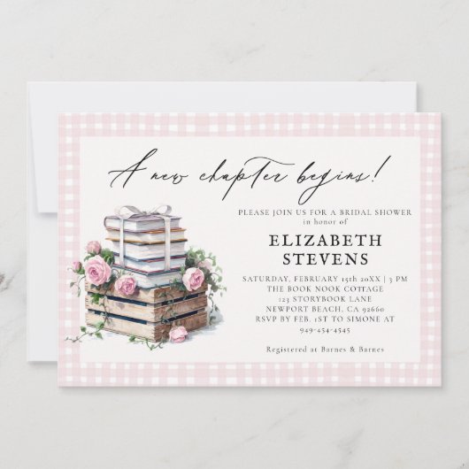 ブックテーマブライダルシャワー素朴バラ新しい章 招待状 (正面)