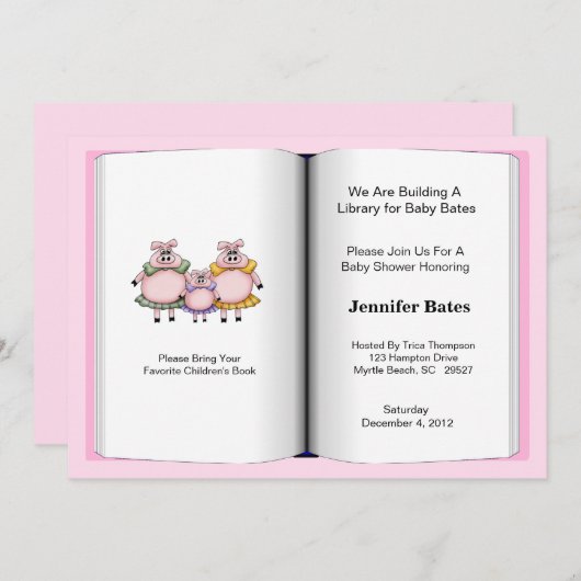 ブックテーマベビーシャワー招待状(女の子) 招待状 (正面/裏面)
