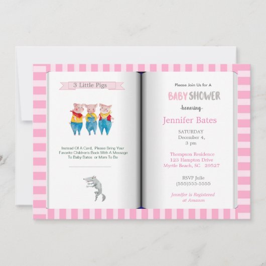 ブックテーマ3つの小さな豚ピンクの赤ちゃんシャワー 招待状 (正面)