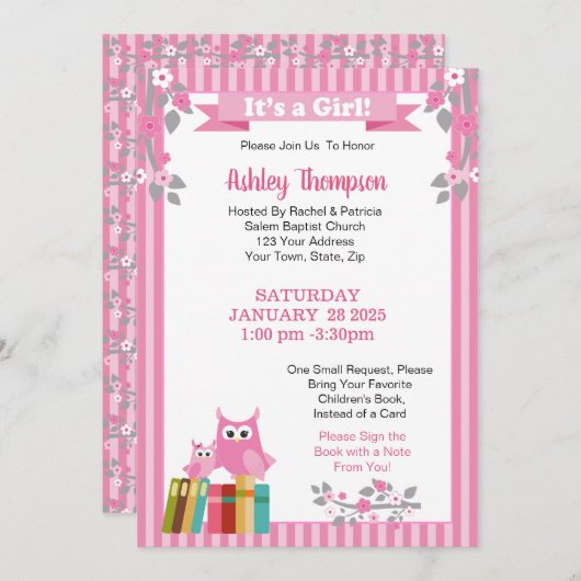 ブックピンクのフクロウのフローラ赤ちゃんシャワーを持って来る 招待状 (正面/裏面)