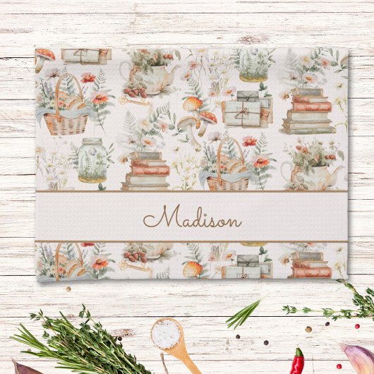 ブックマッシュルームフローラお洒落コテージコアパターン キッチンタオル