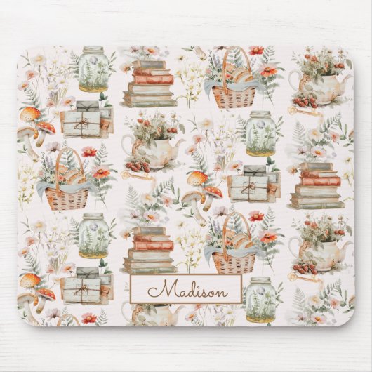 ブックマッシュルームフローラお洒落コテージコアパターン マウスパッド (正面)