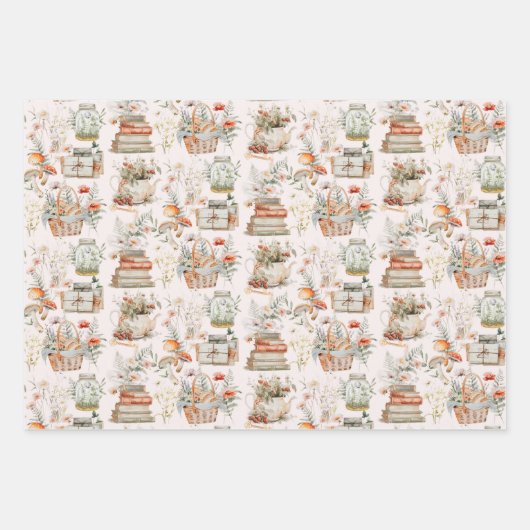ブックマッシュルームフローラお洒落コテージコアパターン ラッピングペーパーシート (正面3)