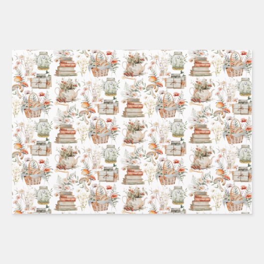 ブックマッシュルームフローラお洒落コテージコアパターン ラッピングペーパーシート (正面2)