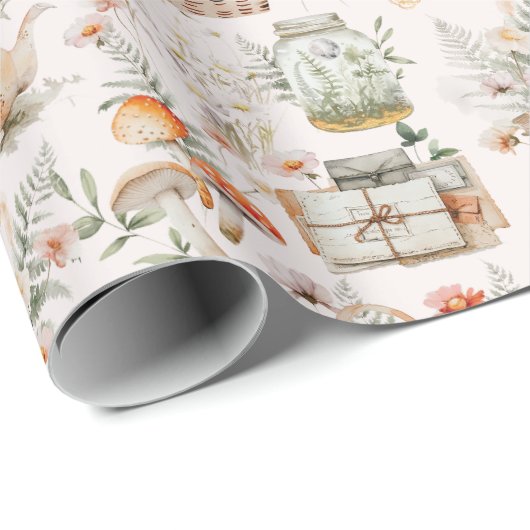 ブックマッシュルームフローラお洒落コテージコアパターン ラッピングペーパー (ロールコーナー)