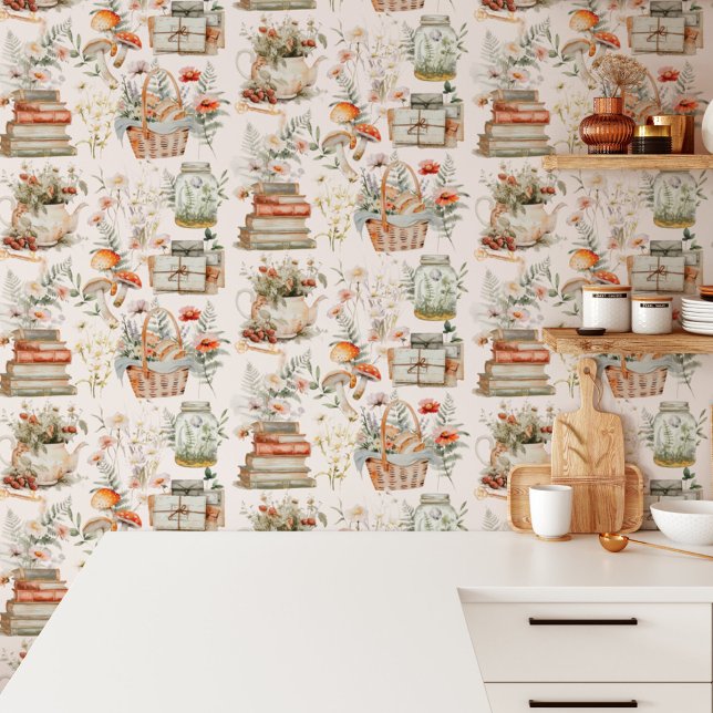 ブックマッシュルームフローラお洒落コテージコアパターン 壁紙 (In situ)