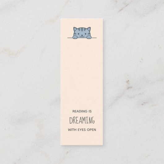 ブックマークの上から見た灰色の猫の猫引用文 スキニー名刺 (裏面)