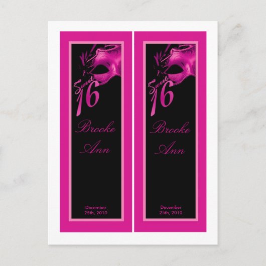 ブックマークスウィート16ホットピンクブラックパーティー インビテーションポストカード (正面)