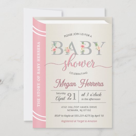 ブックライブラリストーリーブックガールベビーシャワーシックなピンク 招待状 (正面)