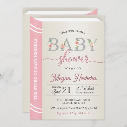 ブックライブラリストーリーブックガールベビーシャワーシックなピンク 招待状 (正面/裏面)