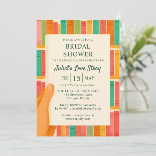 ブックラバーブライダルシャワー | シックなおもしろい「新しいチャプター」 招待状 (スタンド正面)