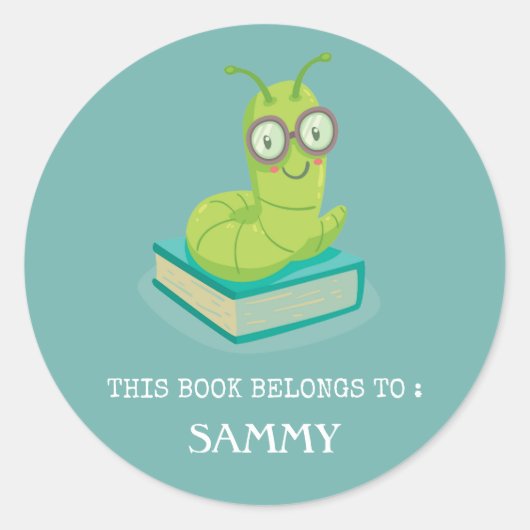 ブックラベル:かわいいベビーブックワーム ラウンドシール (正面)