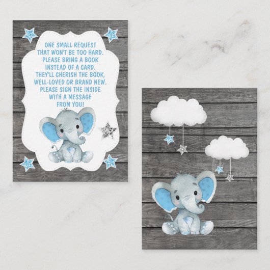 ブックリクエストカードボーイエレファントシャワーブルー エンクロージャーカード (正面/裏面)