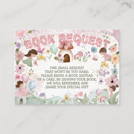ブックリクエストピンク妖精の赤ちゃん女の子シャワーフラワー エンクロージャーカード (正面)