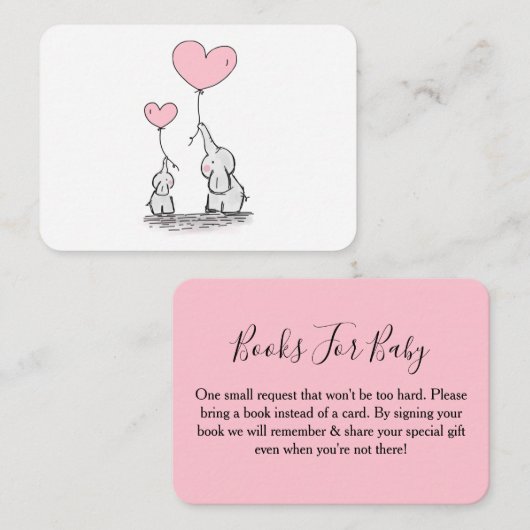 ブックリクエストピンク、ホワイトエレファントベビーシャワー エンクロージャーカード (正面/裏面)