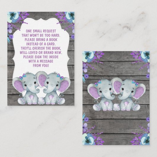 ブックリクエスト双子ゾウのシャワーパープルティール(緑がかった色) エンクロージャーカード (正面/裏面)