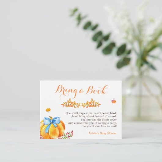 ブックリクエスト秋カボチャ男の子の赤ちゃんシャワーを持参 エンクロージャーカード (スタンド正面)