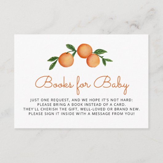 ブックリクエスト赤ちゃんシャワー柑橘類オレンジ エンクロージャーカード (正面)