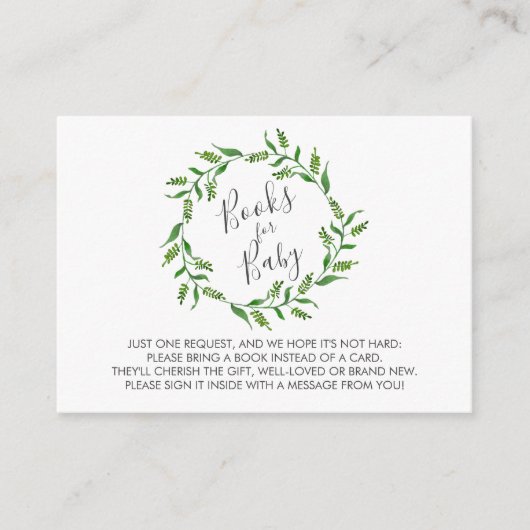 ブックリクエスト赤ちゃんシャワー緑リース エンクロージャーカード (正面)