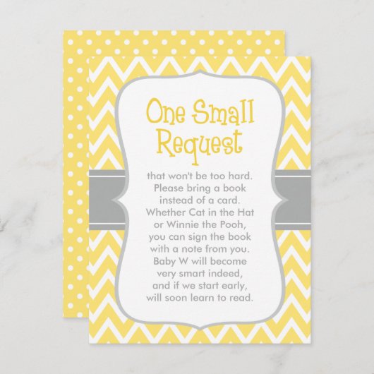 ブックリクエスト黄色と灰色のシェブロン赤ちゃんシャワー エンクロージャーカード (正面/裏面)