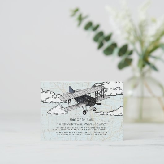 ブックリクエスト |ヴィンテージ飛行機の赤ちゃんシャワー挿入 エンクロージャーカード (スタンド正面)