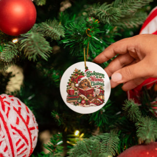 ブックワームとウィーナーのクリスマス ダックスフンド 本好き セラミックオーナメント