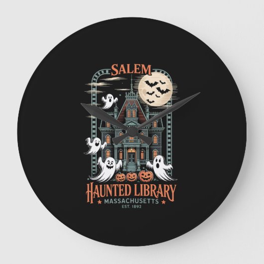 ブックワーム・ハロウィンTシャツ 幽霊図書館 ラージ壁時計 (正面)