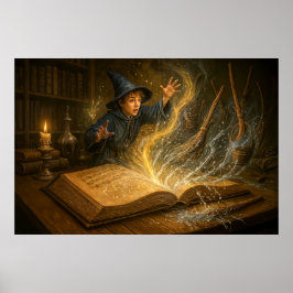 ブック付き若いウィザードファンタジーイラストレーション ポスター