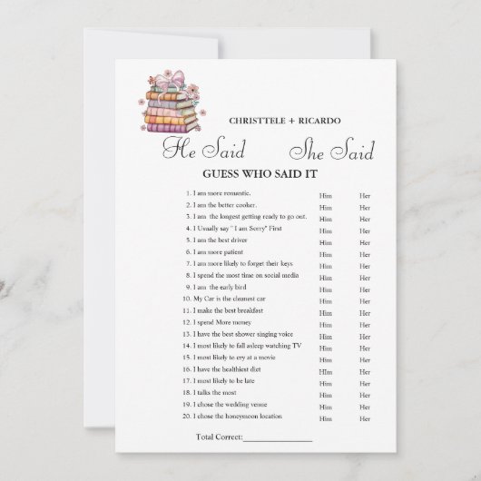 ブック彼は彼女が言ったブライダルシャワーゲームカード 案内状 (正面)
