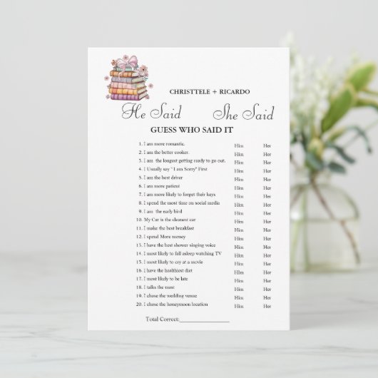 ブック彼は彼女が言ったブライダルシャワーゲームカード 案内状 (スタンド正面)