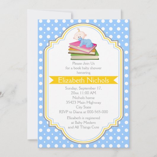 ブック男の赤ちゃんシャワーブルー,白水玉模様パターン 招待状 (正面)
