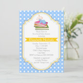 ブック男の赤ちゃんシャワーブルー,白水玉模様パターン 招待状 (スタンド正面)