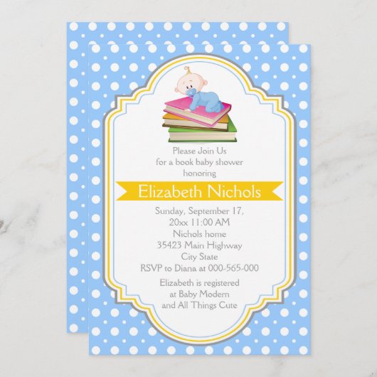 ブック男の赤ちゃんシャワーブルー,白水玉模様パターン 招待状 (正面/裏面)