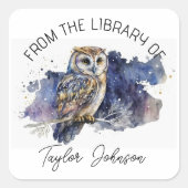 ブック蔵書票星空の夜空フクロウ スクエアシール (正面)